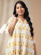 Janasya Pleated Cambric Off White Ikkat Notch Neck Tunic