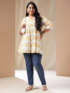 Janasya Pleated Cambric Off White Ikkat Notch Neck Tunic