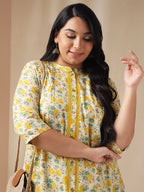 Janasya A-Line Cambric Off White Floral Band Collar Tunic