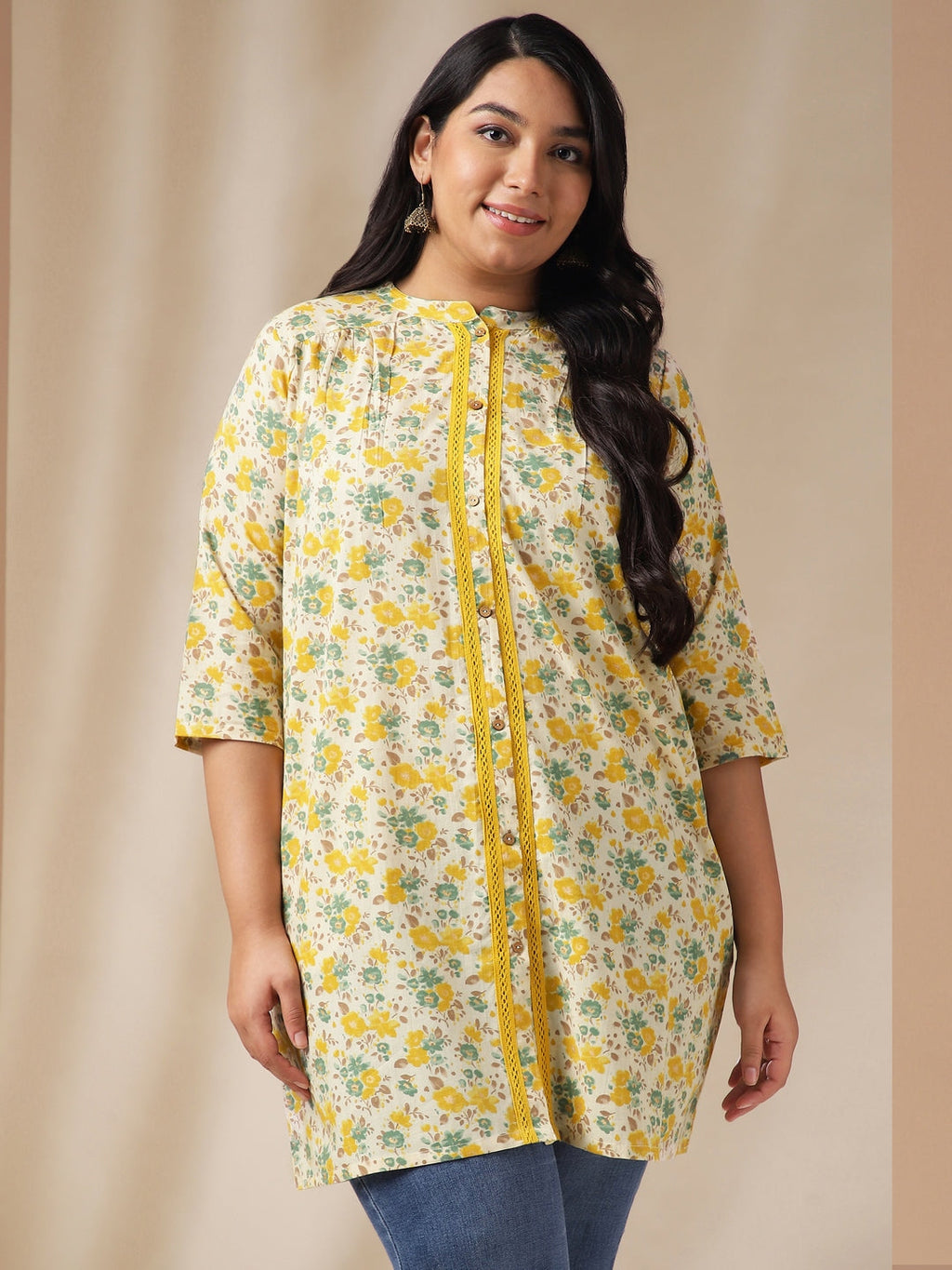 Janasya A-Line Cambric Off White Floral Band Collar Tunic