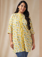 Janasya A-Line Cambric Off White Floral Band Collar Tunic