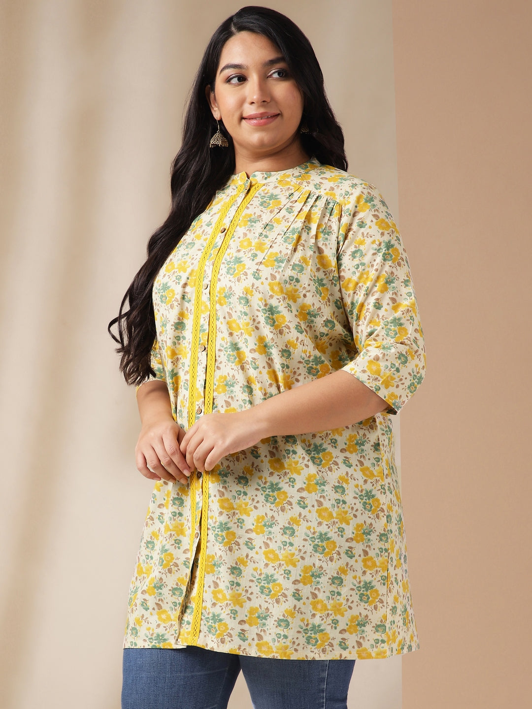 Janasya A-Line Cambric Off White Floral Band Collar Tunic