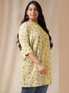 Janasya A-Line Cambric Off White Floral Band Collar Tunic