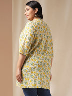 Janasya A-Line Cambric Off White Floral Band Collar Tunic