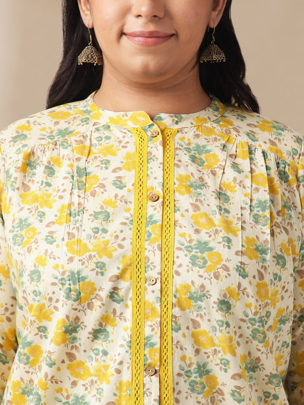 Janasya A-Line Cambric Off White Floral Band Collar Tunic