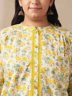 Janasya A-Line Cambric Off White Floral Band Collar Tunic