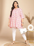Janasya Pleated Cambric Pink Ikkat Notch Neck Tunic