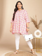 Janasya Pleated Cambric Pink Ikkat Notch Neck Tunic