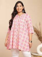 Janasya Pleated Cambric Pink Ikkat Notch Neck Tunic