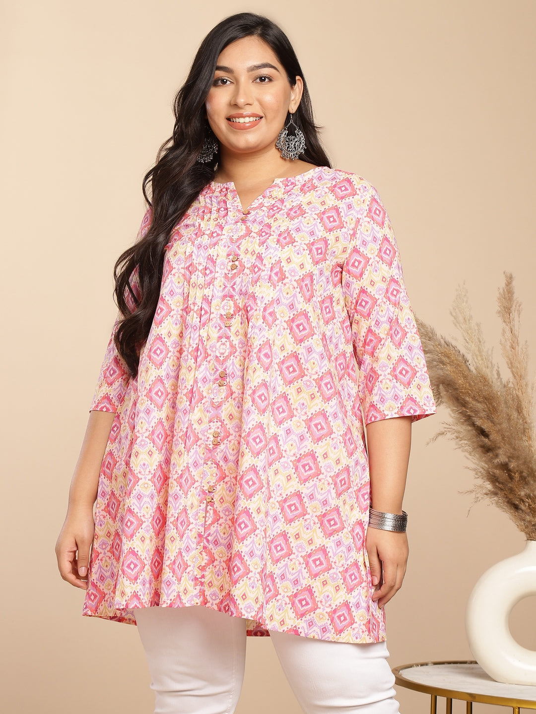 Janasya Pleated Cambric Pink Ikkat Notch Neck Tunic
