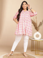 Janasya Pleated Cambric Pink Ikkat Notch Neck Tunic
