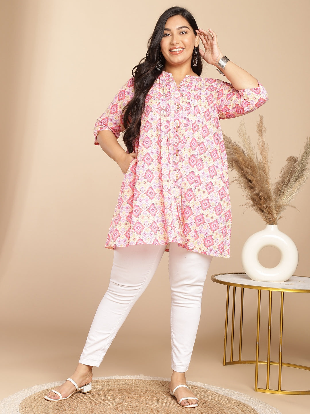 Janasya Pleated Cambric Pink Ikkat Notch Neck Tunic