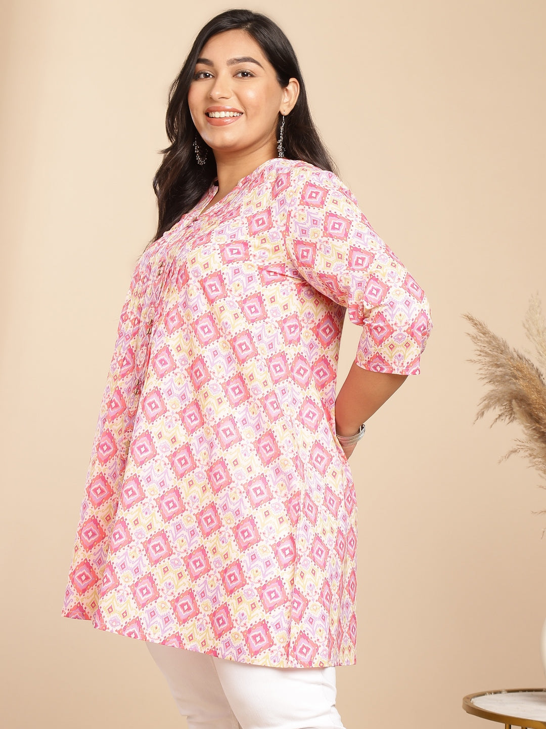 Janasya Pleated Cambric Pink Ikkat Notch Neck Tunic