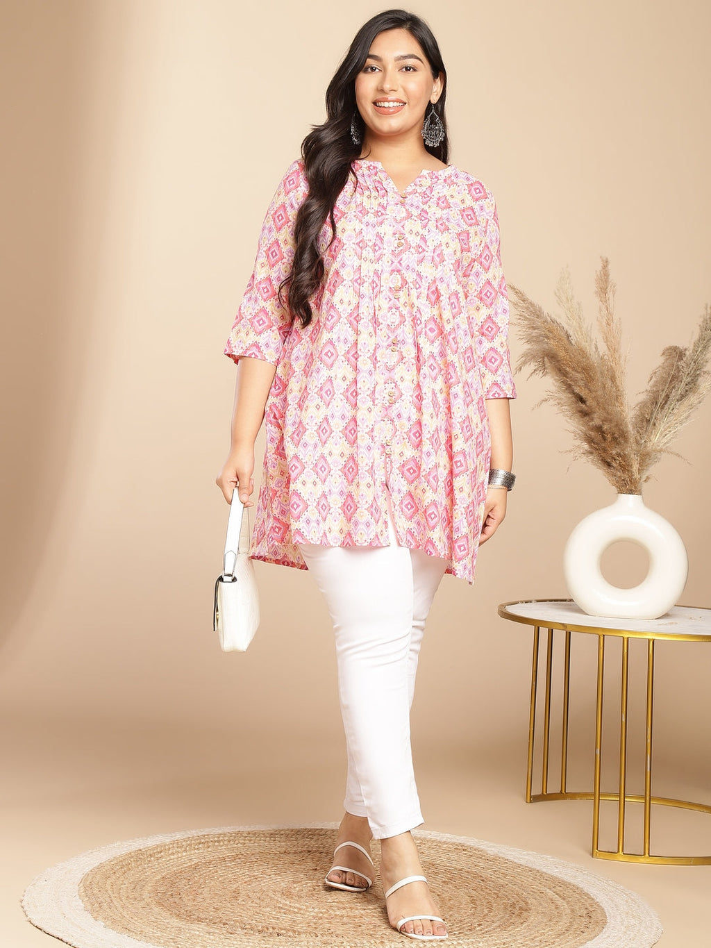 Janasya Pleated Cambric Pink Ikkat Notch Neck Tunic