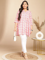 Janasya Pleated Cambric Pink Ikkat Notch Neck Tunic
