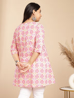 Janasya Pleated Cambric Pink Ikkat Notch Neck Tunic