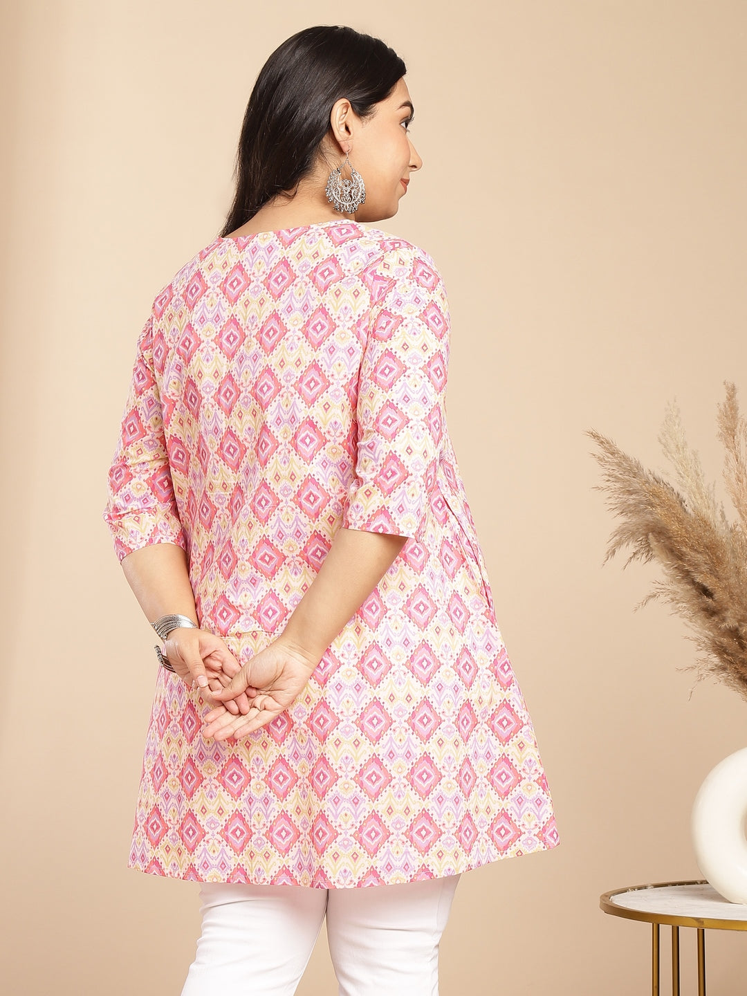 Janasya Pleated Cambric Pink Ikkat Notch Neck Tunic