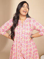 Janasya Pleated Cambric Pink Ikkat Notch Neck Tunic