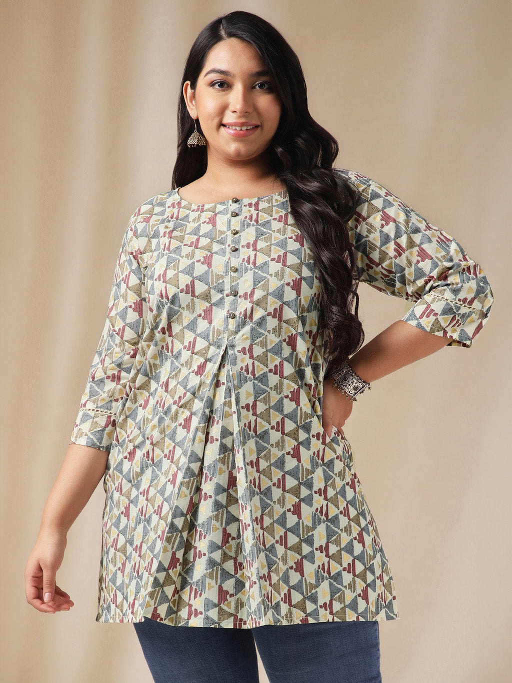 Janasya Regular Cambric Off White Gemometric Round Neck Tunic