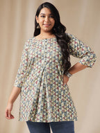 Janasya Regular Cambric Off White Gemometric Round Neck Tunic