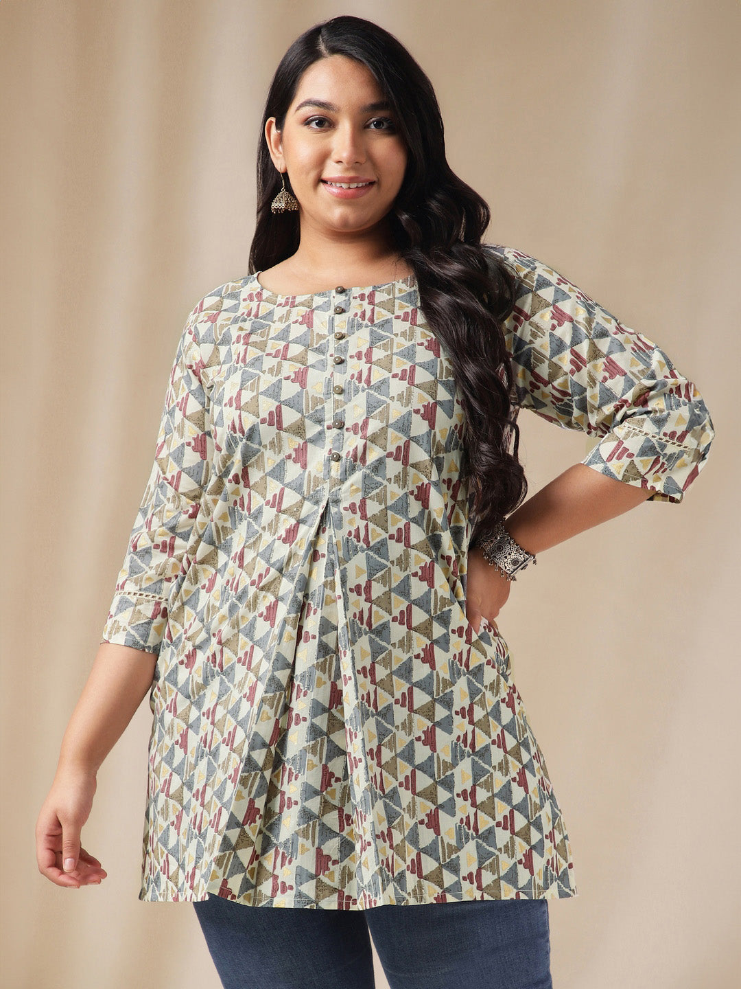 Janasya Regular Cambric Off White Gemometric Round Neck Tunic