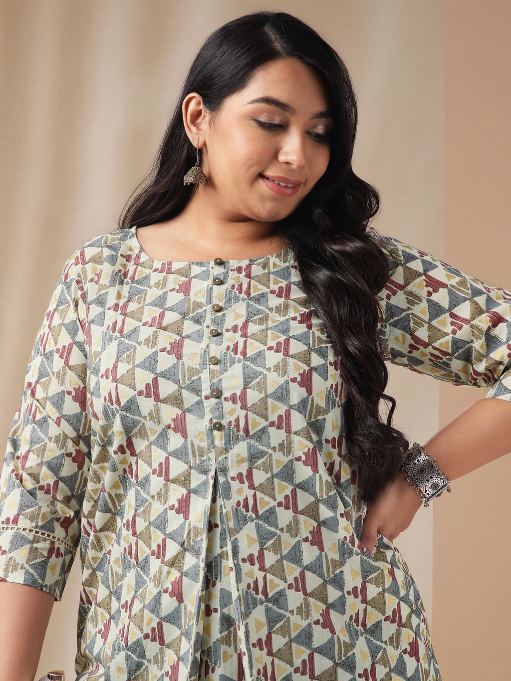 Janasya Regular Cambric Off White Gemometric Round Neck Tunic