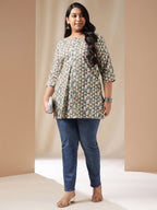 Janasya Regular Cambric Off White Gemometric Round Neck Tunic