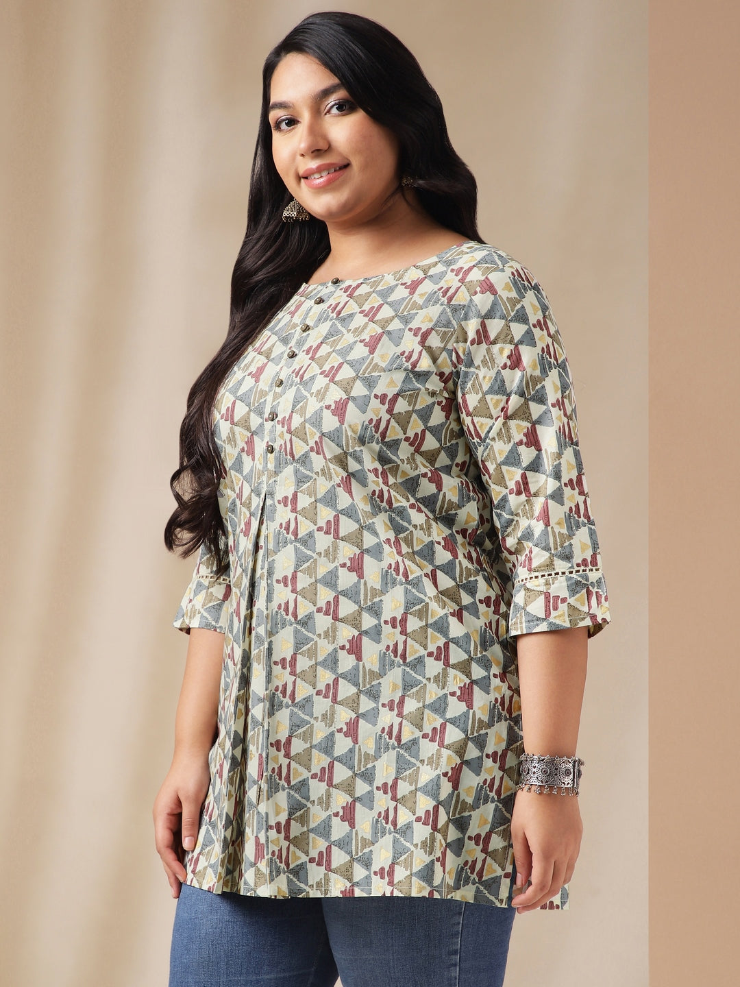 Janasya Regular Cambric Off White Gemometric Round Neck Tunic