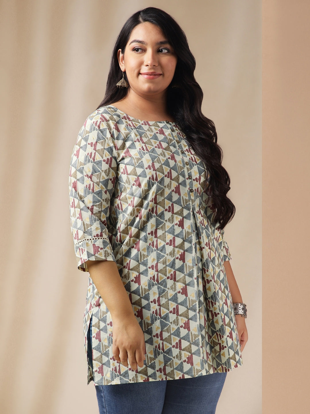 Janasya Regular Cambric Off White Gemometric Round Neck Tunic