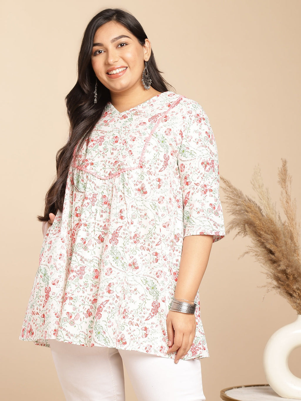 Janasya A-Line Cambric White Floral V-Neck Tunic