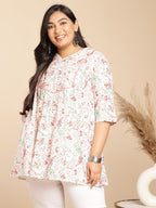 Janasya A-Line Cambric White Floral V-Neck Tunic