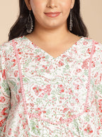 Janasya A-Line Cambric White Floral V-Neck Tunic