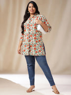 Janasya Regular Cambric Cream Floral Shirt Collar Tunic