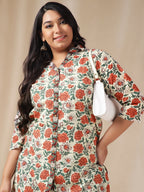 Janasya Regular Cambric Cream Floral Shirt Collar Tunic
