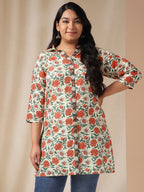 Janasya Regular Cambric Cream Floral Shirt Collar Tunic