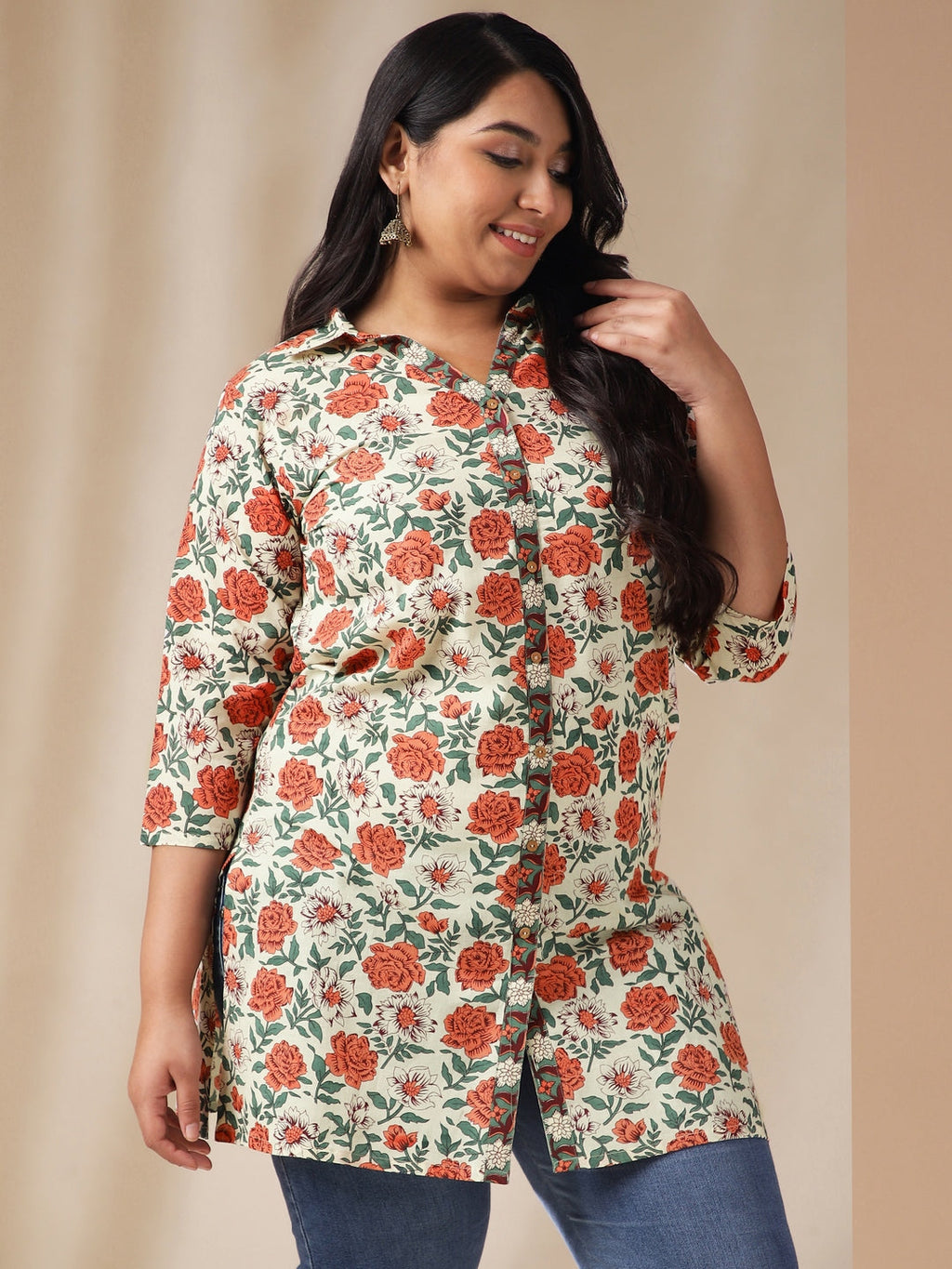 Janasya Regular Cambric Cream Floral Shirt Collar Tunic