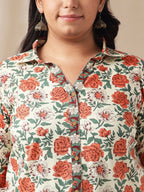 Janasya Regular Cambric Cream Floral Shirt Collar Tunic