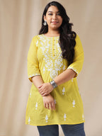 Janasya Regular N/A Yellow Embroidered Round Neck Tunic