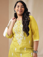 Janasya Regular N/A Yellow Embroidered Round Neck Tunic