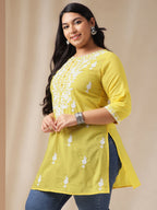Janasya Regular N/A Yellow Embroidered Round Neck Tunic