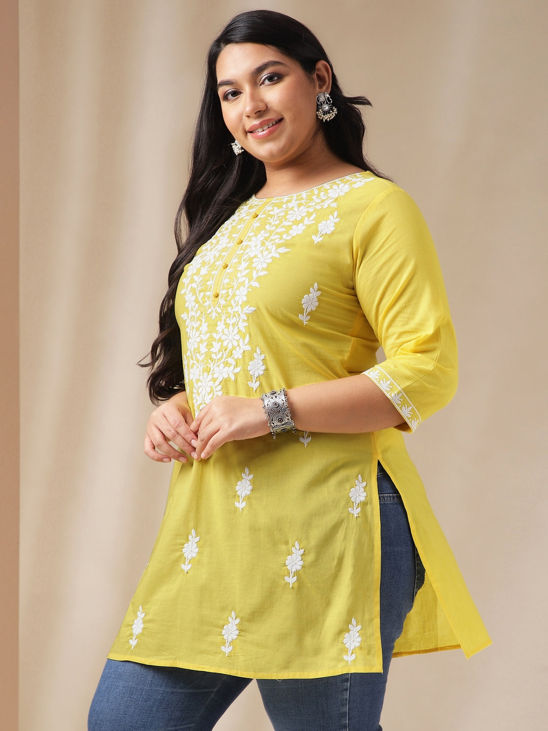 Janasya Regular N/A Yellow Embroidered Round Neck Tunic