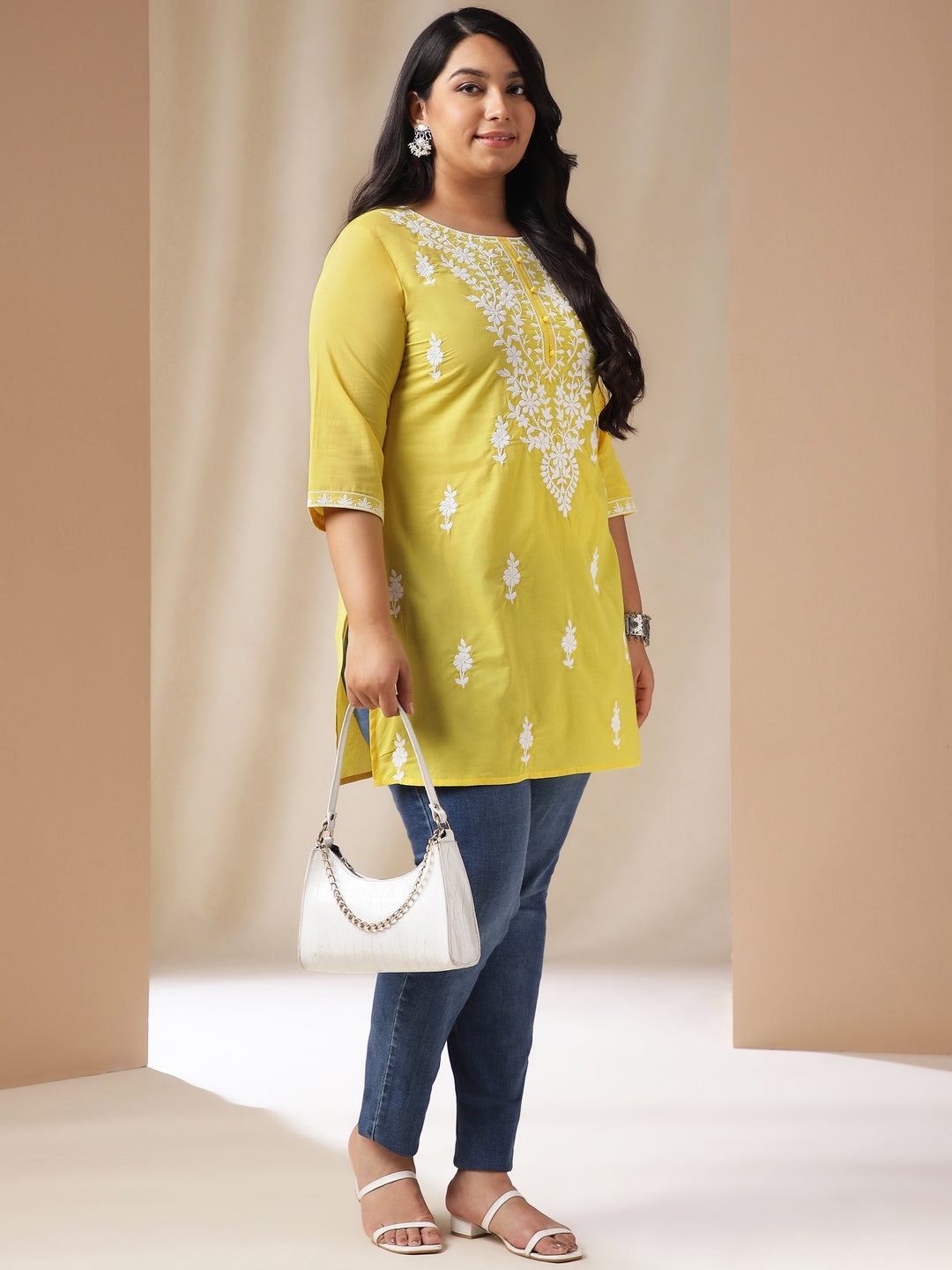 Janasya Regular N/A Yellow Embroidered Round Neck Tunic