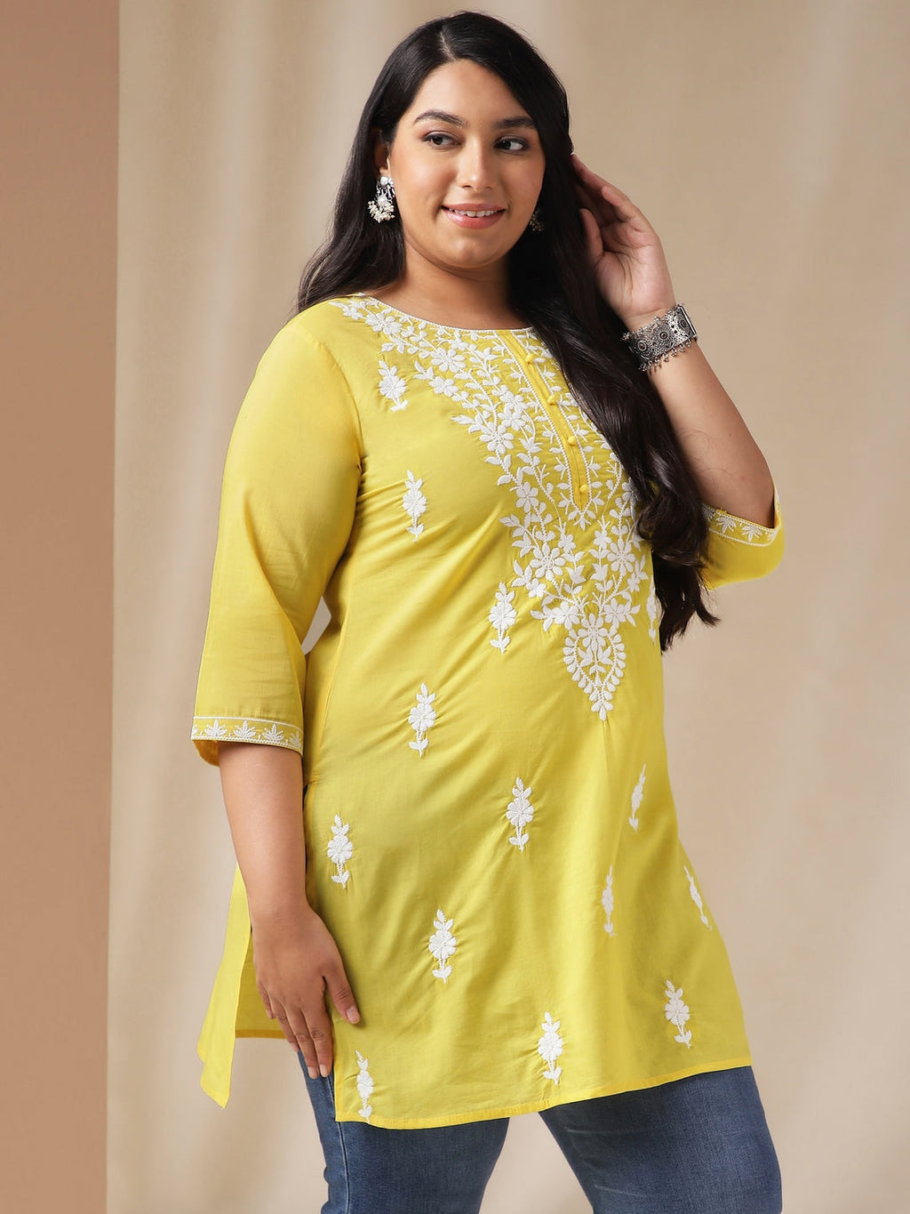 Janasya Regular N/A Yellow Embroidered Round Neck Tunic