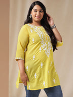 Janasya Regular N/A Yellow Embroidered Round Neck Tunic