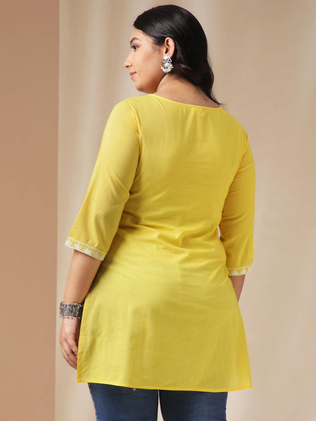Janasya Regular N/A Yellow Embroidered Round Neck Tunic