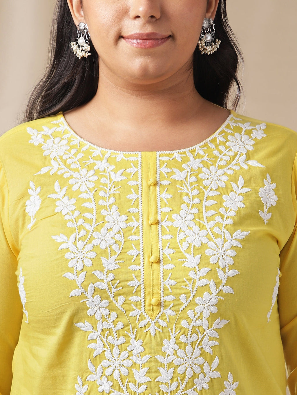 Janasya Regular N/A Yellow Embroidered Round Neck Tunic