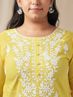Janasya Regular N/A Yellow Embroidered Round Neck Tunic