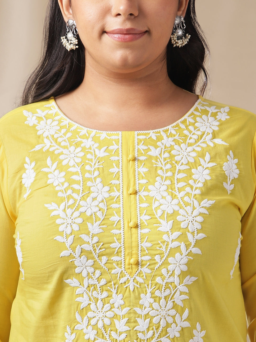 Janasya Regular N/A Yellow Embroidered Round Neck Tunic
