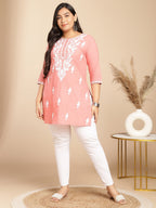 Janasya Regular Cambric Peach Embroidered Round Neck Tunic