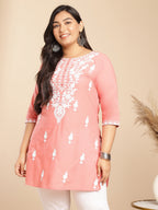 Janasya Regular Cambric Peach Embroidered Round Neck Tunic